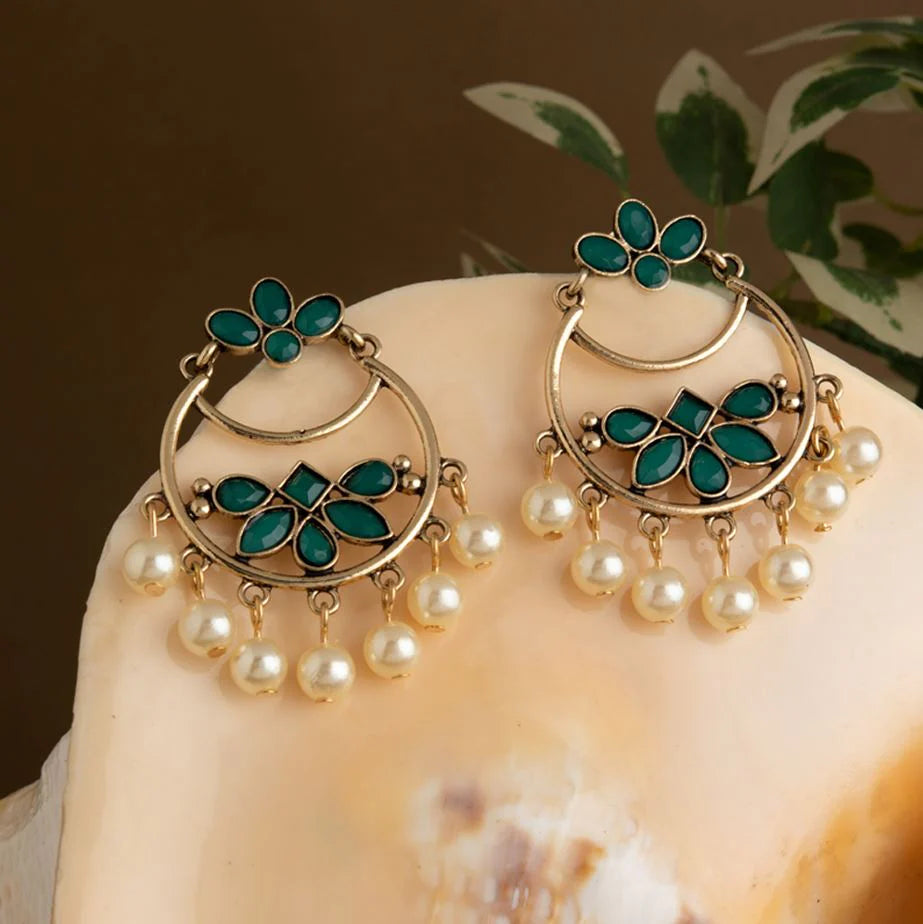 Gold Plated Stone Studded Dangling Pearl Earring