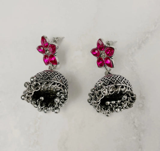 Silver Plated Floral Stone Studded Jhumki Earring