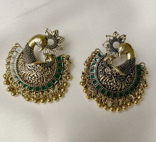 Gold Plated Peacock Enamel Oxidised Earring