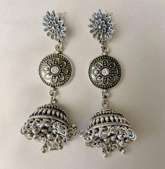 Silver Plated Floral Design layered Jhumki Earring
